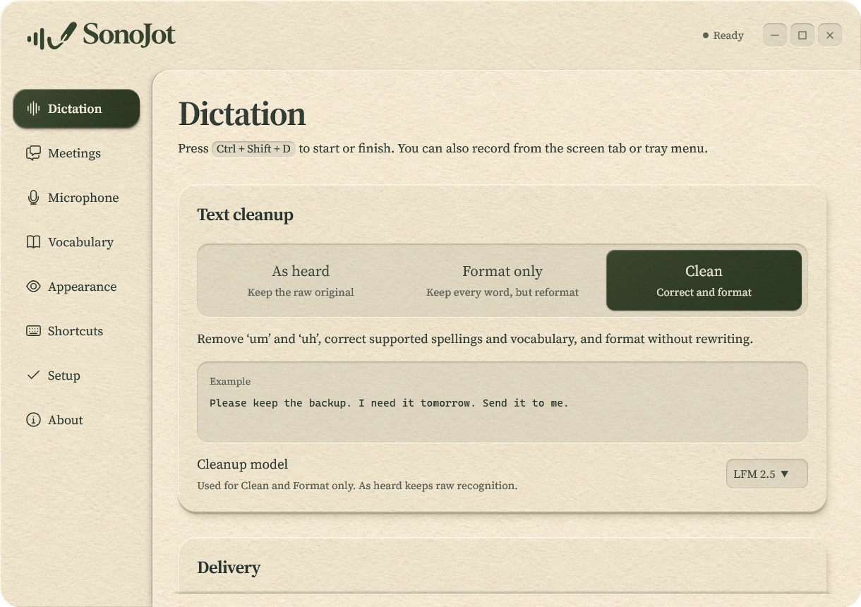 The Dictation page showing the text cleanup choice and the local cleanup model.